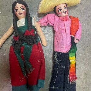 Unique Vintage Mexican Folk Art Cloth Doll Woman & Man Couple Handmade 9” Used..